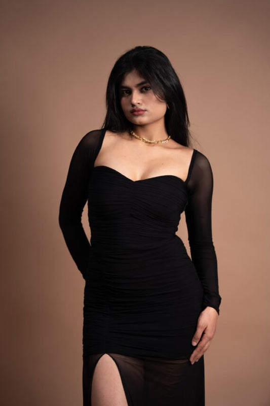 Mesh long slit dress with Long Sleeve