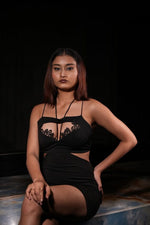 Lace Neckline Cutout Black Mini Lycra Dress