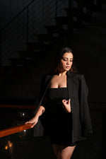 Black Tube Mini Dress with Longline Blazer Coat
