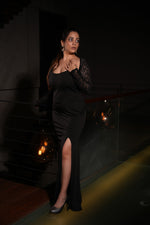 Corset Midi Black Dress with Thigh Slit