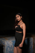 Lace Neckline Cutout Black Mini Lycra Dress