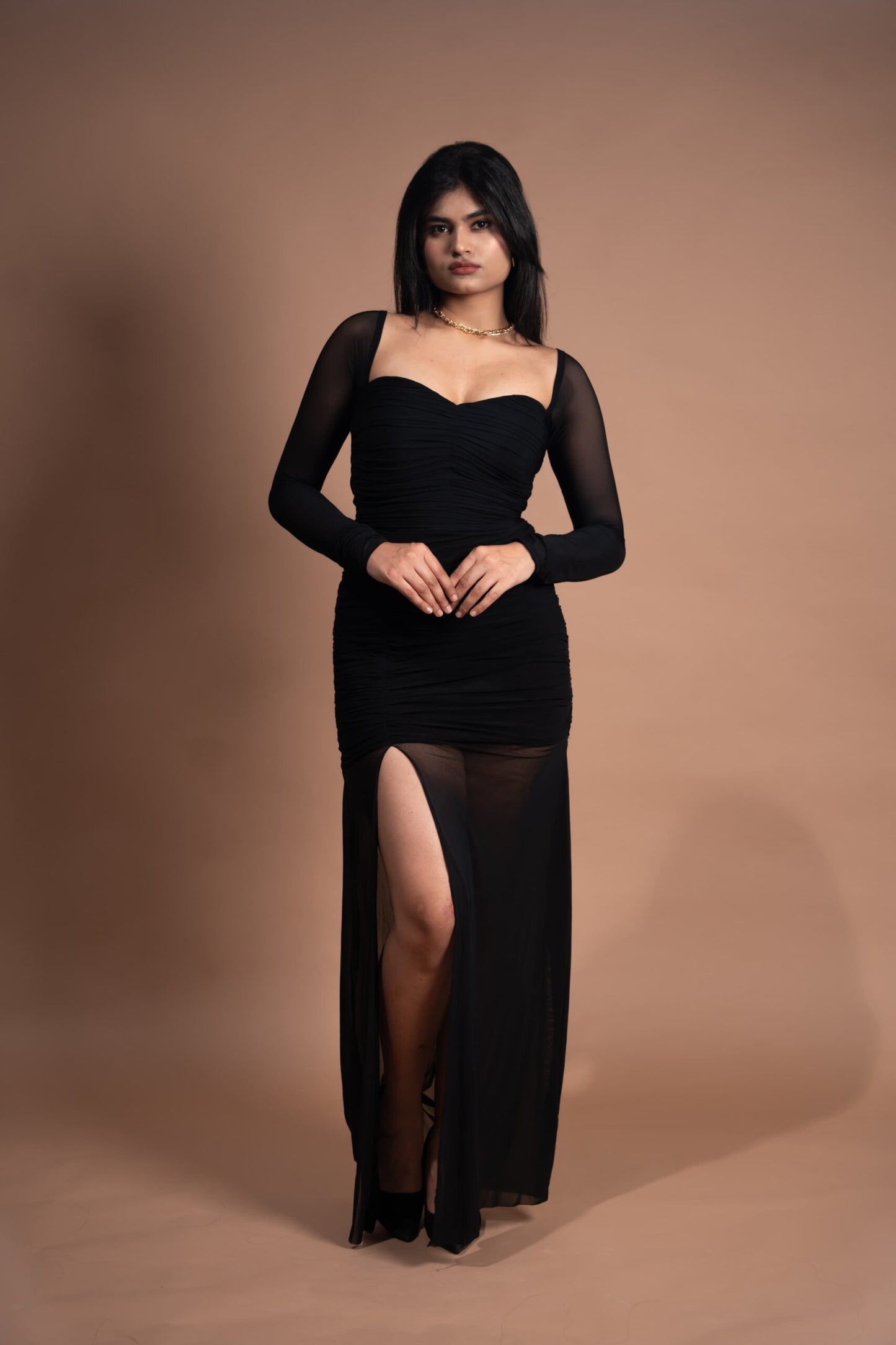 Mesh long slit dress with Long Sleeve
