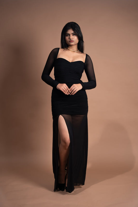 Mesh long slit dress with Long Sleeve
