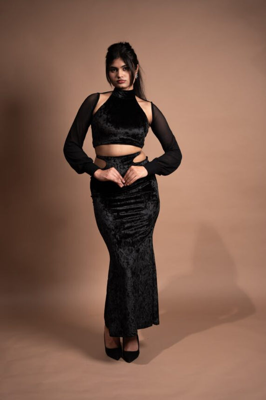 Lycra top and cutout skirt with mesh sleeves