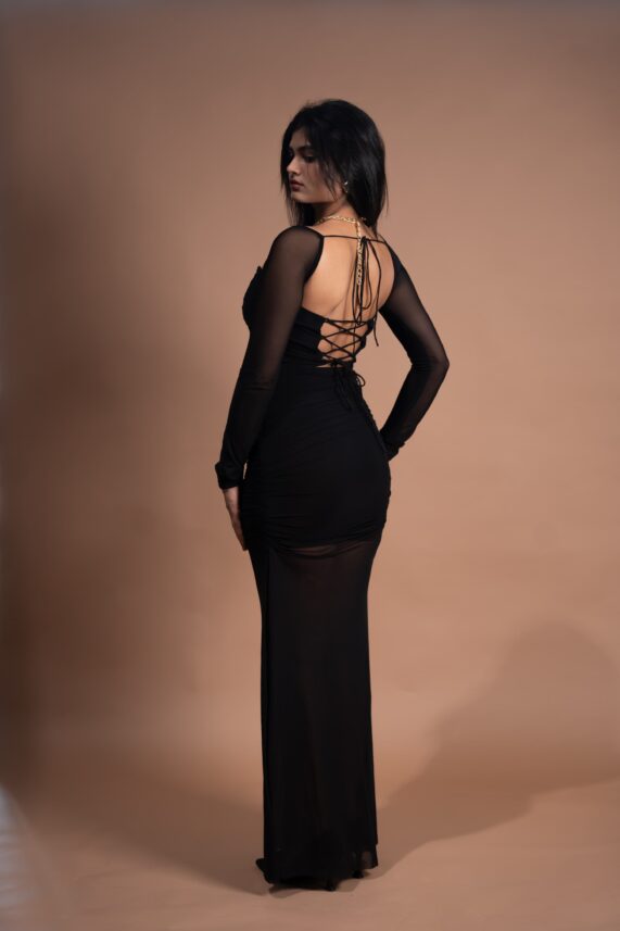Mesh long slit dress with Long Sleeve