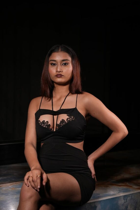Lace Neckline Cutout Black Mini Lycra Dress