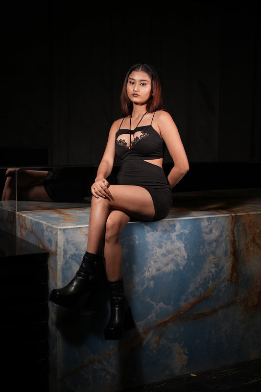 Lace Neckline Cutout Black Mini Lycra Dress