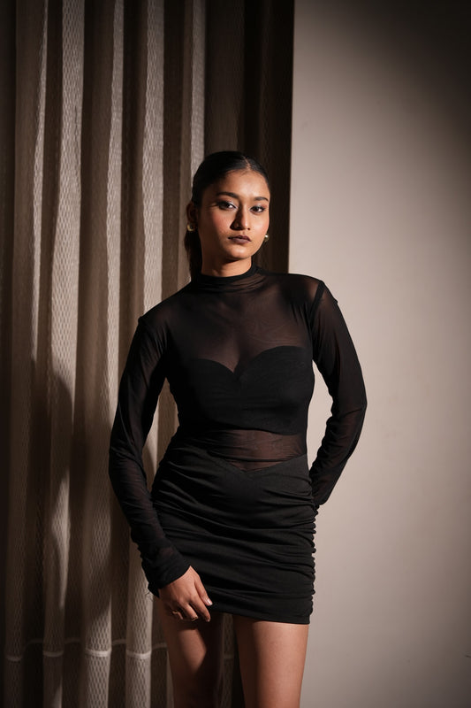 Layered Mesh Black Dress with Inner Tube Top