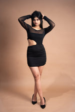 Waist Cutouts Layered Mesh Black Dress