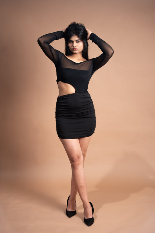 Waist Cutouts Layered Mesh Black Dress